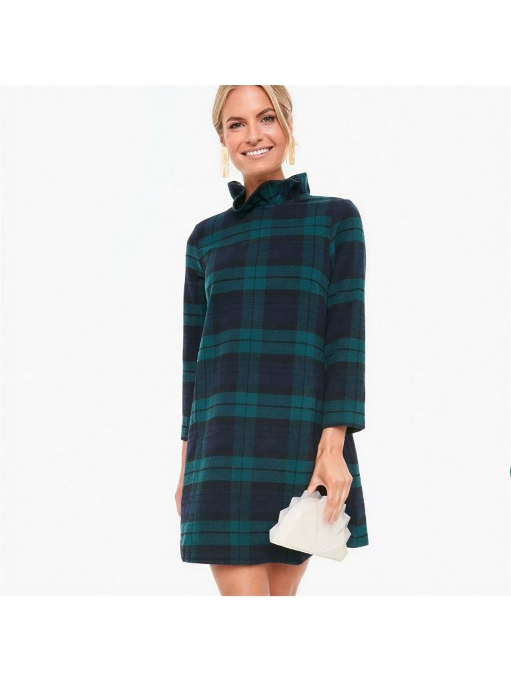 Tuckernuck Blackwatch Plaid Daphne Dress sz L Ruffle Collar Bow Back Wool Blend